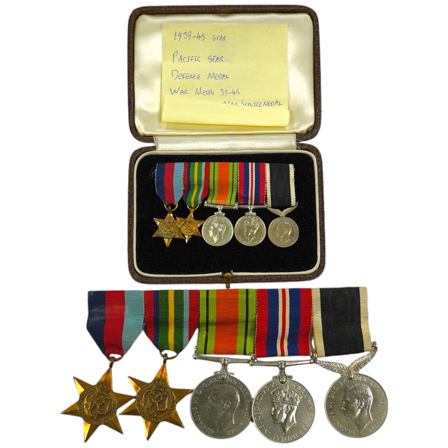 A New Zealand medal group, group of five medals including; The Service to New Zealand Medal 1939-1945, the Pacific star, the 1939 to 1945 star, etc. together with the cased miniature group. Condition - good